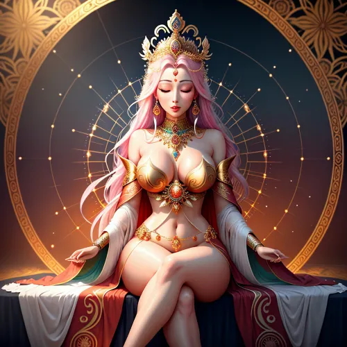 Radiant enerjisi ve ışıklı bir enerji akışı olan bir kadın, saf enerjiden yaratılan, bacakların kutsal geometrinin arka planına karşı çıktığı. Tanka Budist yazıtları vardı ve radiance ve ihtişam içinde kaplıydı