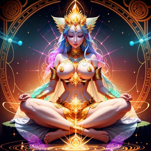 Saf enerjiden yaratılan bir kadın, tam şeffaf kraliyet soyları ile dolu, simetrik ak metin ve sanat eseriyle kaplı göğüsler. Bir kutsal geometri geçmişine karşı ayaklarla oturur, simetrik akan metinle çevrili