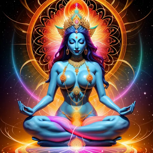 Saf enerjiden yaratılan bir kadın, göğüslerle başının etrafında aydınlatıcı bir enerji akışını kesti ve çakralar kutsal geometrinin bir akışını fışkırdı. O sanat, simetrik ve bir tank gibi bir çalışmaydı