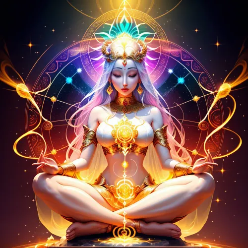 Kadın bir radiant idi, başı çok renkli ışınların bir yarısı ile süslendi ve Budist yazıtlarıyla bir tanka benziyordu