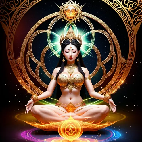 A woman dressed in a full ethereal royal gown with breastband, sitting with legs crossed against a background of sacred geometry, radiates pure energy and her eyes are full of light. She is surrounded by a halo of multicolored rays that