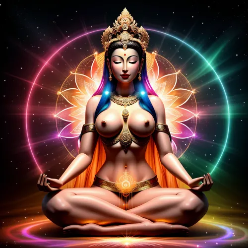 Bir bodhisatva, saf enerji dolu radiance ve ihtişam ve ihtişam ve ihtişamla yarattı, samimi yerleri kapladı, bacakların kutsal geometriye karşı çıktı. Onun kafa bandı süslendi