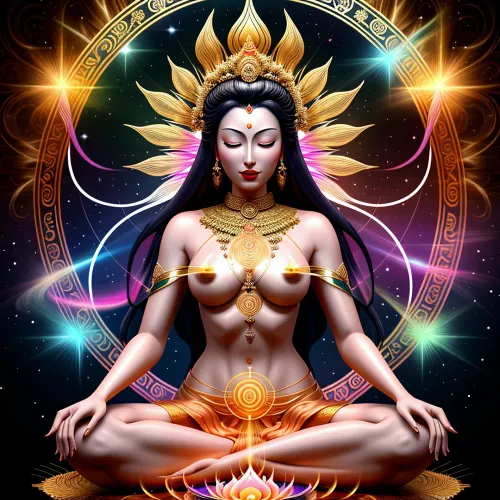 Bir bodhisatva, radiance ve ihtişam dolu saf enerjiden yaratıldı, samimi yerleri kapsayan bir kraliyet edeal robe giyindi, bacakları kutsal geometrinin arka planına karşı oturttu. Vücudu simmetrik ile süslenmiş