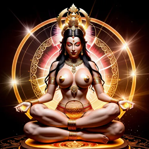 Bir bodhisatva, bir kraliyet einal robe giyinmiş ve radiance ve ihtişam akışları ile çevrilir, kutsal geometrinin arka planına karşı ayaklarla oturur. Baş bandı çok renkli ışınların bir yarısı ile süsleniyor