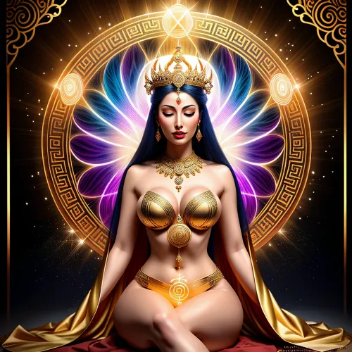 Büyük güzellik ve lütuf bir kadındı, rüzgarda dans görünüyordu akan saçlarla. Gözleri mavi, bilgelik ve bilgi ile dolu derin havuzlardı. O saf enerjiden yapılmış bir soygun giyiyordu, ki bu da bir tane gibi parladı