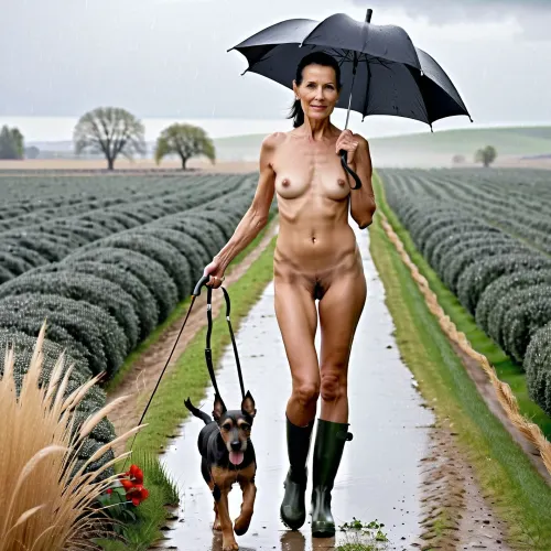 Yaşlı kadın, köpeğiyle, alanlarda bir yürüyüş yapıyordu. 60 yaşındaki siyah saç kadını çıplak ortaya çıkardı, makyaj, Brown gözler, çirkin, ponytail ve 3 görüş. O tutuyordu