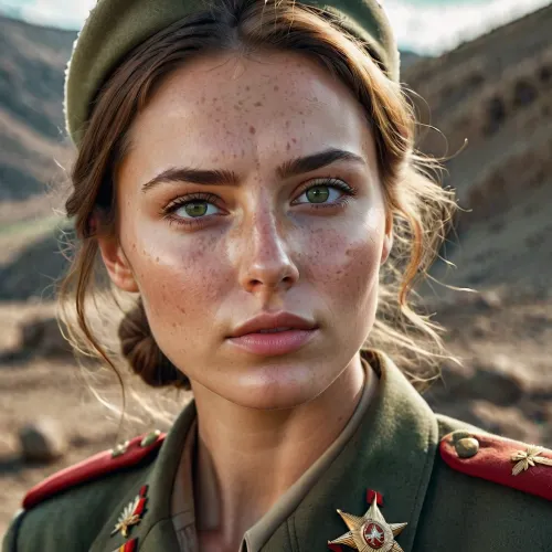 La ragazza soldato russa in uniforme militare era ipnotizzante, con un corpo tonico e lentiggini sulla sua faccia. Aveva una cicatrice sulla guancia destra che ha fatto scolo qualsiasi uomo
