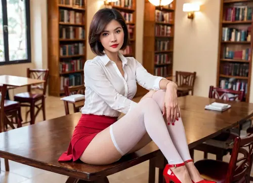 这名越南妇女在当地图书馆担任图书管理员,有精灵的发型和美丽的眼睛. 她有一个小时玻璃图 喜欢穿白衬衫和红色米克罗裙 显示她的小时玻璃图