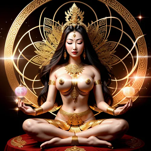 woman, asian goddes created from pure energy full of radiance and glory and splendor, dressed in a full ethereal royal gown with breastband, sitting with legs crossed against a background of sacred geometry, from her chakras gushes a stream of luminous sparkling energy, around her head a halo of multicolored rays, a work of art, symmetrical, like a tanka with Buddhist ancient inscriptions