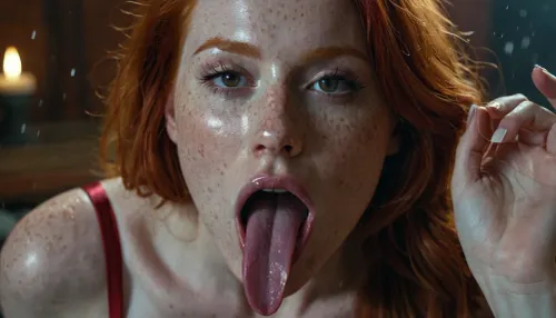 AI生成的色情图片描绘了一个性感的红发,长长的恶魔舌头,雀斑,并覆盖在精液中