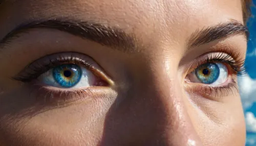 woman, extreme closeup of eyes, the goddesses depthless eyes are made of infinite blue skies and clouds and sunlight