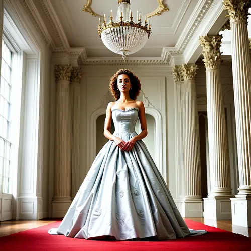 In the middle of the room, a beautiful woman stood with her full-length dress and long hair. She was wearing a multicolored floral design in the rococo style, which added to her beauty. The ceilings were painted with beautiful pictures