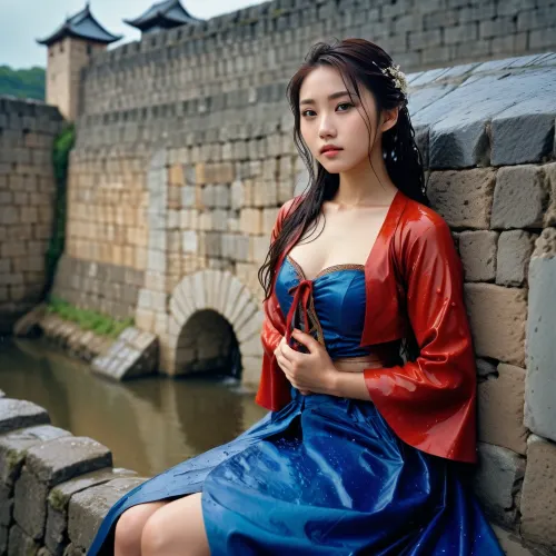 Eine junge Frau mit langen Haaren und perfekter Haut saß an einer Befestigungswand, die am Horizont aussah. Sie wurde in einem eleganten Bolero gekleidet und war im Gedanken verloren, als sie über den Horizont aussah