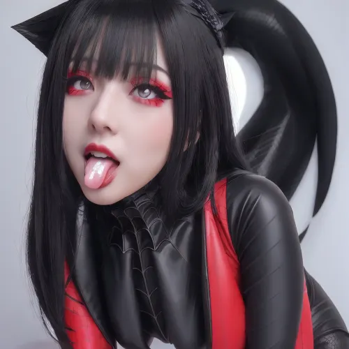 A playful street person wearing a spiderwoman cosplay outfit with rose-colored cuminmouth rollers, blue eyeshadow on their eyelids, and red lipstick on their lips