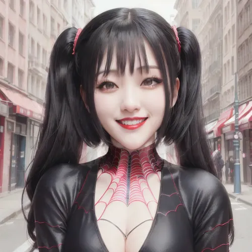 A street was bustling with people, but one person stood out in a spiderwoman_cosplay_outfit. She had a smile on her face as she held up a picture of her favorite character, the black and white rose. Her outfit