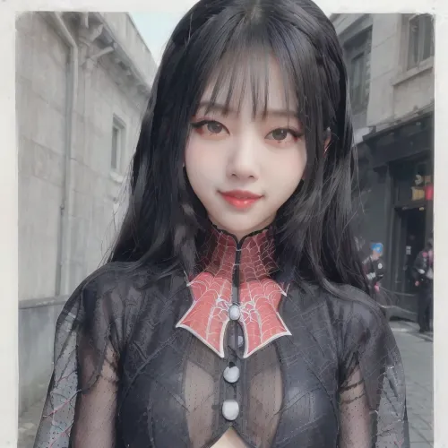 Lisa, a street performer wearing a Spiderwoman costume, was happy to smile and dance for the crowd. She wore a black and white outfit with red lipstick, making her look like an AI-generated picture of the character Blackpink's Lisa
