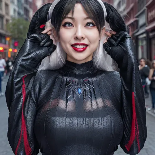 The street was bustling with people, but the one thing that caught my eye was the smiling spiderwoman cosplay outfit. The tongue and red lipstick were a perfect match for the outfit, and I couldn't help but smile as I took a