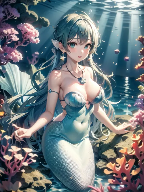 (((Mermaid girl))), hentai style, ho1, seaweed green, hair, long, star, (symbol), necklace, earrings, ornament, dress, mermaid, shell, ((show boobs)), bracelet, <lora:houshou_hanon_v1:.5>, ((underwater)), submerged, underwater, <lora:水底特化_珊瑚和石头（其实不止）_v2.0:.5>, (((swimming))), (((fish)))
