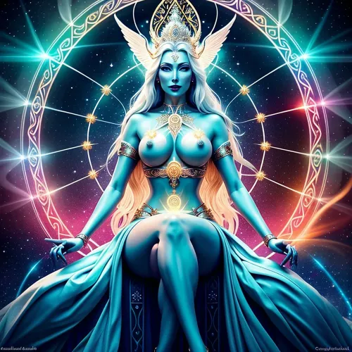 Kuzey tanrıça kostümünde akan saçlarla bir kadın ve gözlerin parladığı bir tahtta, saf enerji ile çevrili. Onun radiance o kadar parlaktı ki, başının etrafındaki ışıklı bir enerji akışı yarattı. O, oydu