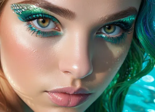 A mesmerizing underwater scene of a mermaid-like figure swimming in a large pool, surrounded by shimmering iridescent algae and refracted sunlight. The water is crystal clear and shimmers with mesmerizing beauty. The mer