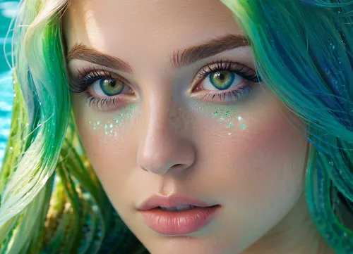 A mesmerizing underwater scene with a mermaid swimming in a large pool, with shimmering skin and hair that refracts light like a Fae's eyes. The lighting is ultra-detailed, adding to the overall beauty of the photo