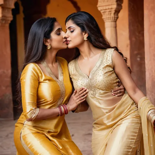 这对夫妇在瞬间迷失了,完全被对方的触摸所吸收. 他们的金色的Satin salwar kameez 穿着突出的曲线,突出他们的美丽和女性气质. 瞬间他们迷路了 完全被对方吸收