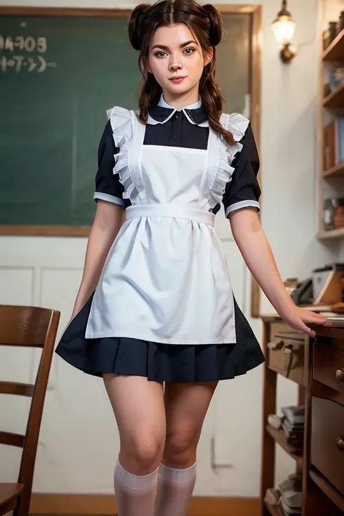 Une femme de 20 ans en uniforme soviétique avec un tablier blanc. Son uniforme se compose d'une robe simple, d'un bleu marine féminin ou de couleur noire, avec un col blanc et des poignets. Elle peut porter un badge scolaire sur le