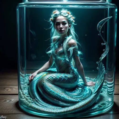 一只年轻的美人鱼 装在盛满水的玻璃罐里 被鱼包围着 看起来她随时都能跳出来