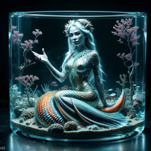 一个高度细致的8k照片 现实的AI 产生了一张20岁半液态美人鱼的照片 在一个盛满水的大型玻璃碗里, 上面有美丽的脸,鱼和珊瑚鳞片,橙色和白色的头发, 长的头发有花纹,鱼尾