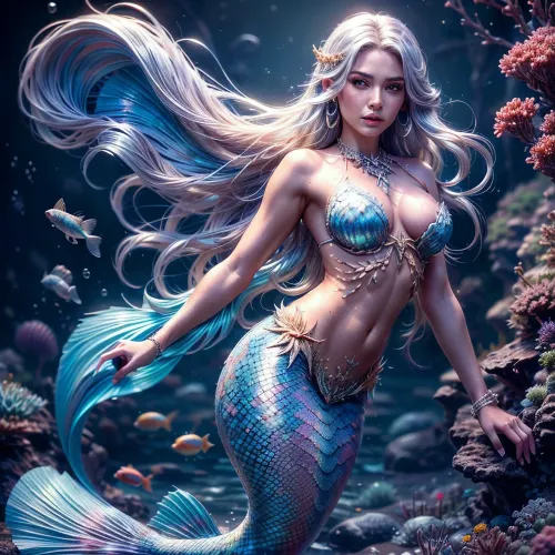 La foto realista AI generó imagen de la mejor calidad con alto detalle y mirada ultradetallada sobre su hombro es una sirena de 20 años con cara hermosa, pelo largo, y mar profundo azul y pelo blanco. Tiene resolución de 8k y