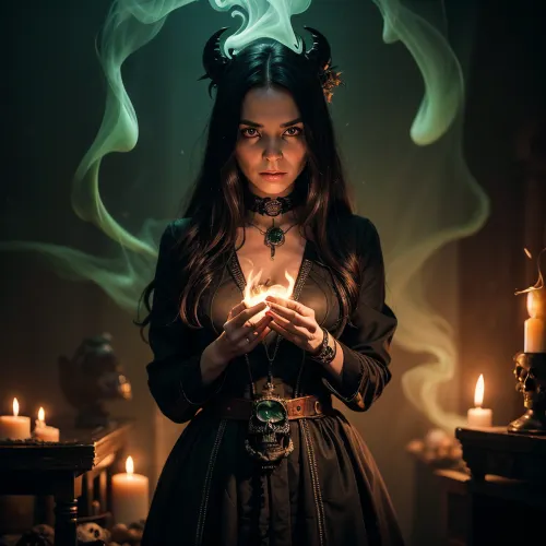 身着黑绿色长袍的女性站在地板上的8k相片现实的巫师长袍前,握着长长的深色头发女性的手. 她的脸被凝聚 栗毛被绑在后面