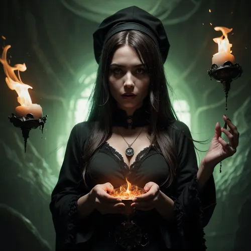 La foto realistica mago derubato donna si trovava in un laboratorio buio, il suo vapore nero e verde che si aggira intorno a lei. Tenne una collana a forma di teschio con un teschio su di esso, e l'orb sul palmo della sua mano era splendente con un eer