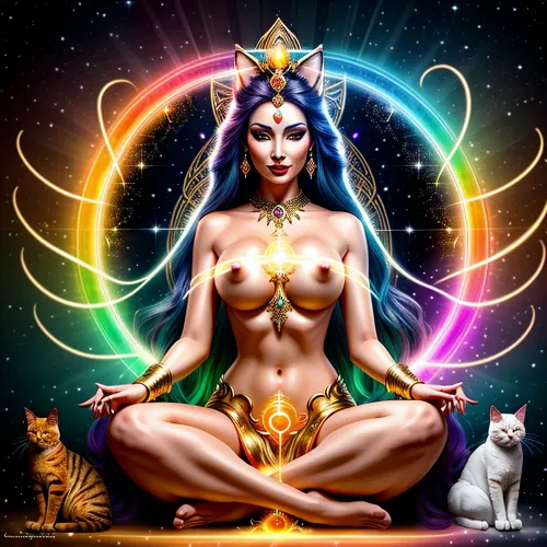 Kadın bacaklarıyla birlikte oturdu, çakralarından enerji yayıyor ve ışıklı bir enerji akışıyla çevrilir. Kedi tanrılarının bir resmini tuttu, radiance ve ihtişam ve ihtişam dolu saf enerjiden yaratıldı ve splendor