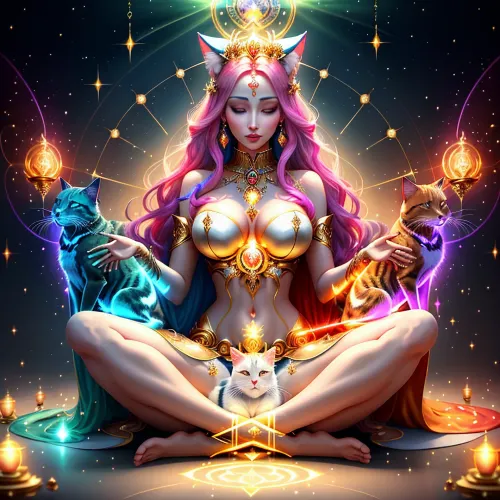 Kadın einal gown çok renkli ışık ışınlarıyla süslendi ve bacaklarıyla birlikte çok sayıda şekraye karşı çıktı. Onun sanat eseri, aydınlatıcı bir enerjinin simetrik bir akışı,