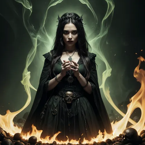 Uma imagem hiperdetalhada, 8k foto realista de uma mulher mórbida em um vapor verde no fogo em um laboratório de vaporpunk com sua varinha preta e verde, gerando os crânios