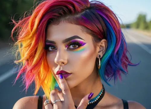 (college girl, pride makeup, rainbow makeup, rainbow hair:1.4), , (head cocked:1.2), (holding a pride flag stretched out behind her, outdoors blue sky), (spunky attitude, feisty attitude, rocker attitude, high energy, impish attitude:1.2), (bobcut hair, pixiecut hair, jaw length hair, messy hair:1.2), (ring lighting, ring lighting reflected in her eyes:1.1), (ultra realistic, realistic, photorealistic, photo realistic, photorealism, photo realism, lifelike, convincing realism), (maximum quality, ultra-detailed, insanely detailed, highly detailed, high quality, uncompressed, raw source photograph, raw image), (highly detailed eyes, high resolution eyes, high quality eyes, highly detailed hair), (same color eyes, symmetric eyes, matching eyes, detailed eyes, detailed iris, detailed pupils, limbal ring around iris, perfectly round iris, perfectly round pupils), (expressive eyes, striking eyes, captivating eyes, mesmerizing eyes, glittering eyes, Fae eyes)