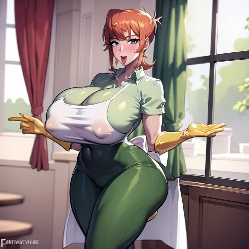 Dexters Mutter, ein professioneller Fotograf, nahm ein Bild von sich, trug eine Schürze und Handschuhe, während posierte mit Make-up. Dann fügte sie etwas Schmuck und ein riesiges Paar Brüste hinzu, die durch das Hemd deutlich sichtbar waren. Das Bild stellte sich als unglaublich heraus