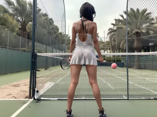 The girl with the brown hair in a pleated tennis skirt lifted her skirt to reveal her pussy without underwear, on the tennis court, wearing an all-fours dildo, toy, and picture with all fours from side-view