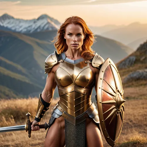 The woman knight stood tall, her muscles rippling with every movement. Her helmet hid her face, but her golden armor glinted in the morning sun. She held a longsword and a huge shield, ready for battle. Her tanned