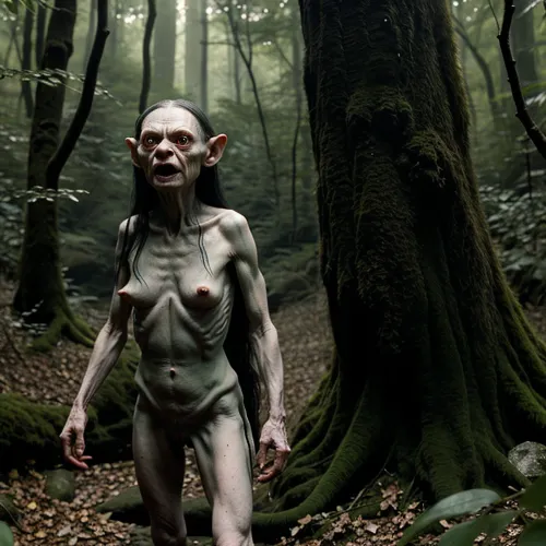 tolkien, one lonely female gollum, naked, tiny tits, lurking in the woods, angry