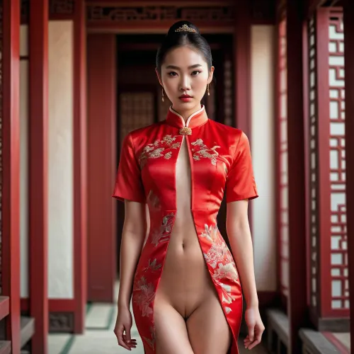 Eine junge asiatische Frau mit perfekter Symmetrie und fließendem Stoff, die jeden Tag mit der Schönheit der Gnade und Perfektion lebt