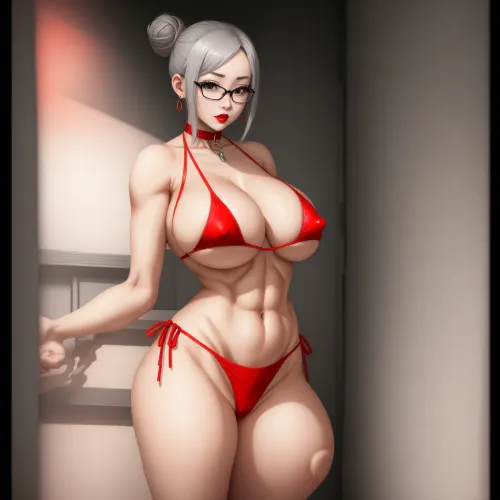 Meiko Shiraki, a busty woman with short grey hair and red micro bikini, was captured on camera while she was in prison. She had big boobs and a tiny red bikini that showed off her voluptuous figure. Meiko's