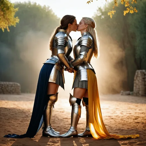 Two lesbian knights passionately kiss in a wide shot, their bodies visible and full of text
