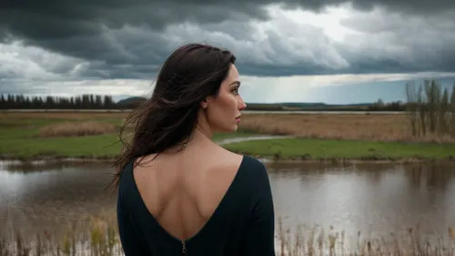 A close-up, over-the-shoulder shot of a woman, ((standing in front of a large window)), . The window overlooks an endless grassy landscape, (((with a single willow tree))), . The sky is dark and stormy, with a powerful hurricane, ((((swirling in the distance)))), . The heavy rain and wind, ((are bending the willow tree)), . The woman, slightly unfocused in the foreground, adds a sense of depth and drama. The scene is captured with a 50mm lens at f/1.8 aperture, creating a shallow depth of field that blurs the woman slightly while keeping the stormy landscape in sharp focus. The camera settings are ISO 400 and a shutter speed of 1/250s to capture the motion and intensity of the rain and wind. Her posture reflects concern as she watches the chaos outside. The scene is highly realistic, capturing the intensity and drama of the storm, (((with intricate details of the rain, wind, and dark clouds))), . 8k resolution, ultra-detailed, photorealistic, cinematic lighting, masterpiece, hyper-realistic, dramatic atmosphere, high dynamic range, ultra-high definition, film, photography, style, light, grain, medium, heavy, <lora:SDXL_FILM_PHOTOGRAPHY_STYLE_BetaV0.4:.5>, Todd, Hido, Style, <lora:Todd Hido Style:.5>