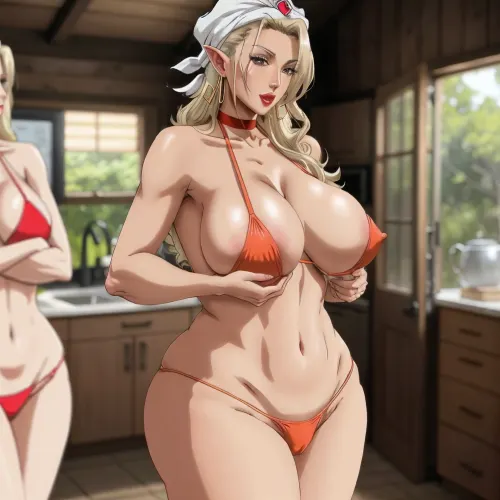The DarkElf_aiwaifu_nsfw picture features a voluptuous woman with big breasts, big areolas, and a huge busty cleavage. She wears a micro red bikini that shows off her voluptuous curves. Her