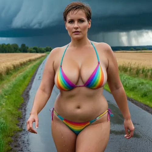 Eine 56-jährige deutsche Frau, Voluptuous und Curvy mit einem Plus-Größe-Körper, ging auf einer Landstraße im Regen. Sie hatte einen Mikrobikini, der ihre Kurven und Hüften breiter zeigte als der Kopf ihres Regenbogens