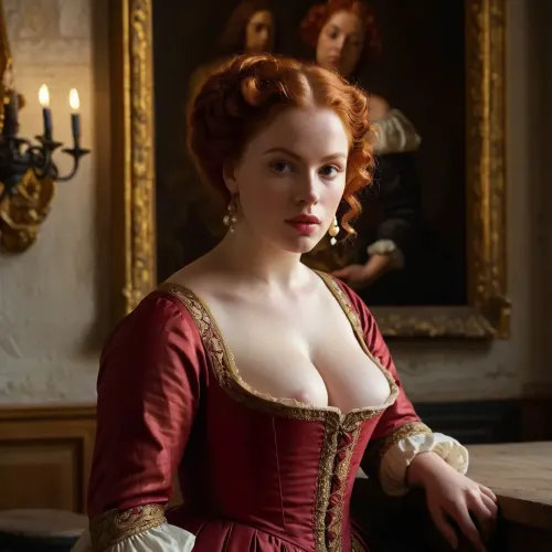 Una femmina dai capelli rossi voluttuosi, con curve voluttuose e sensualità aperta, stava posando in un negozio di pasticceria di epoca barocca. Aveva un vestito barocco senza bottoni che ha rivelato le sue curve voluttuose