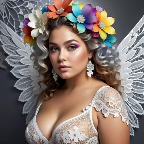 <lora:Starwaves:1>, <lora:Grunge-Poster:1>, chubby angel woman, white wings, curly hair, intricate face, huge rainbow lace flowers in background, flower tattoos, white lace flowers in background, wallpaper with gray lace flowers, rainbow hazy lace flowers, ghostly transparent lace flowers merging with everything, thick silver glittering mist, floral tattoos, abstract vector fractal, wave function, Zentangle, 3d shading