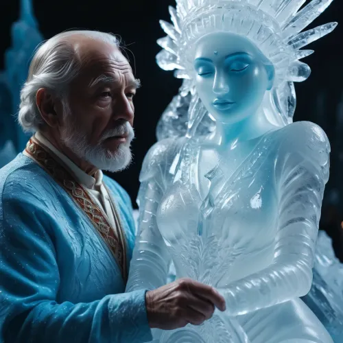 古い男性アーティストは、人生に来るセクシーな氷の女神の氷の彫刻を作成します
