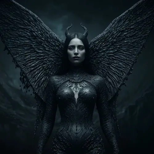 In un mondo in cui l'abisso è una realtà, un'intelligenza artificiale di nome Iris van Herpen dipinge un'immagine di un Abyssal nero skinned sexy erotico Hollow Damnation Angel con occhi ipnotizzanti, onda testuale ferrofluid batteri arte in